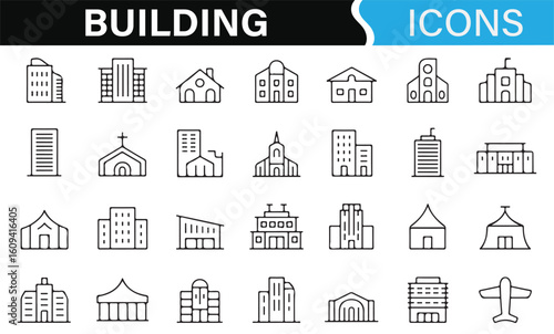 Building Structure Icons Set for Residential, Commercial, and Industrial Use