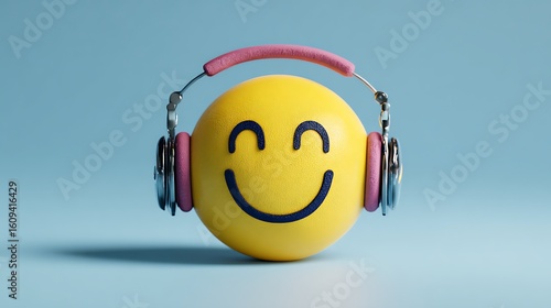 Smiley emoji with headphones enjoying music cartoon expression icon for entertainment digital sticker or playlist art