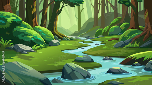 Vector art of a picturesque forest scene features a clear stream flowing past large rocks and vibrant green undergrowth