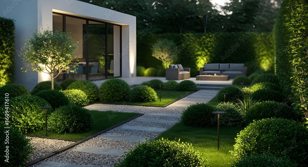 Obraz premium Modern Garden with Sleek Black Recessed Lights and Vibrant Emerald Green Accents – Contemporary Outdoor Lighting for a Stylish, Inviting, and Lush Landscape Design