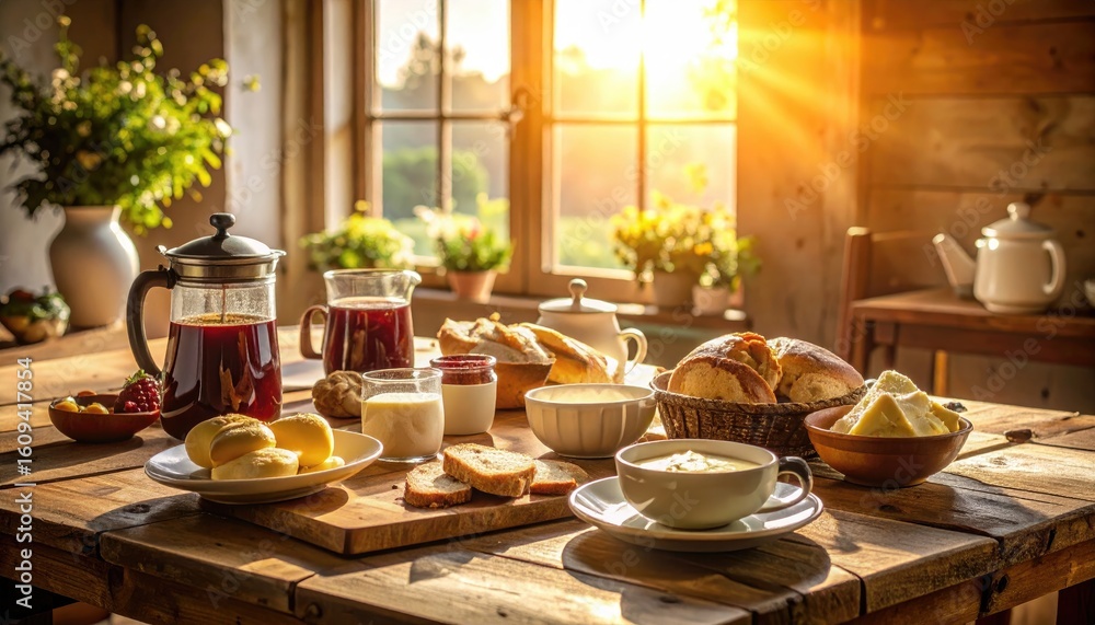 Fototapeta premium Cozy Breakfast Table with Tea, Pastries, and Sunlight Glow