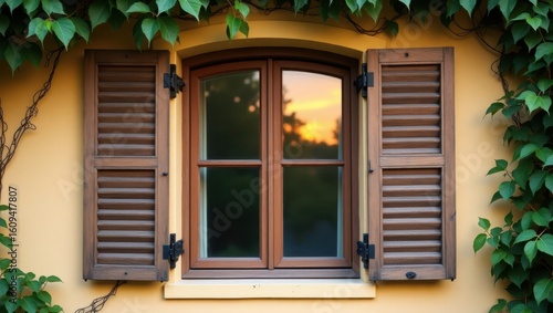 Wooden shutters on a pale yellow wall.