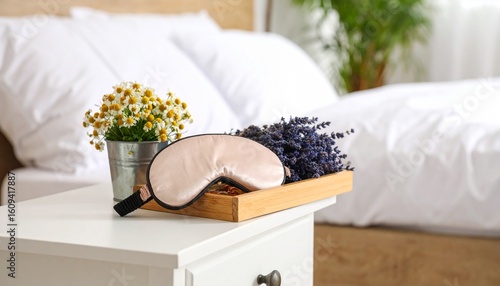 Magnesium Supplementation Sleep Aid Concept Cozy bedroom decor with a sleep mask and flowers on a bedside table.