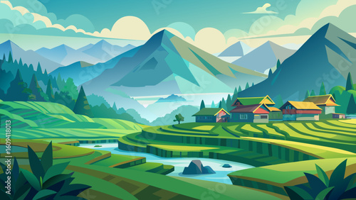 Vector art of an artistic depiction of a mountainous region with lush terraced farms, a meandering river, and quaint houses