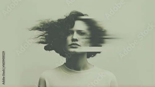 Woman's face distorted by wind effect. Artistic portrait with glitch aesthetic. Conceptual video exploring identity and perception. Visual metaphor for inner turmoil and change.