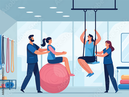 Physical therapists helping patients with rehabilitation exercises in a modern clinic vector illustration.