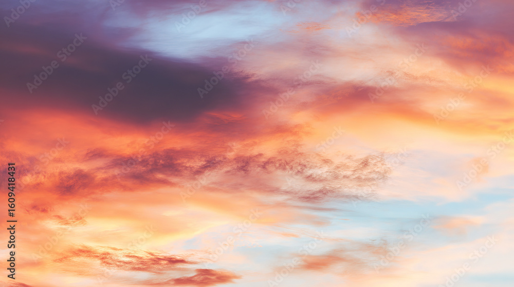 Fototapeta premium Dramatic sunrise with gradient orange and purple clouds, creating a panoramic abstract sky view.