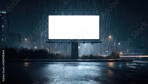 Fototapeta Naklejka Na Ścianę i Meble -  Empty billboard in city at night during rain