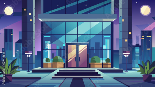 Vector art of the grand entrance of a contemporary office building is showcased at dusk, with city lights reflecting on its glass facade