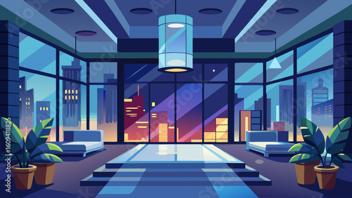 Vector art of a modern office lobby with large glass windows overlooking a cityscape at dusk, featuring sleek furniture and plants