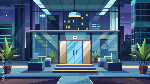 Vector art of a sophisticated modern lobby with glass elevator doors and large windows showcasing a vibrant cityscape at night