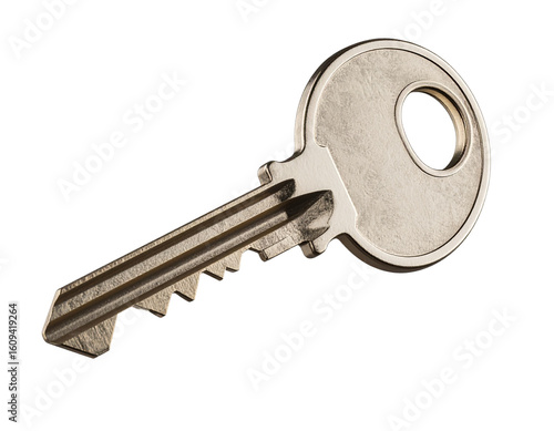  3D Metallic Key with Shine and Engraved Details, Angled Side View, Realistic Security Style, Transparent PNG. And transparent the background.