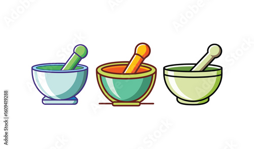 Three colorful mortars and pestles in a row on a white background