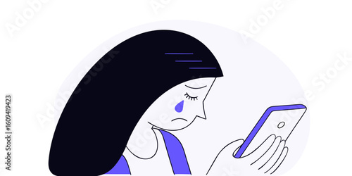 Vektorillustration einer weinenden Frau mit Smartphone. Symbol für Silent suffering, Doxxing, Social media bullying, Cybermobbing, Hate Speech, Mobbing, public shaming und Diskriminierung.