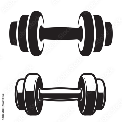 dumbbell silhouette vector illustration, dumbbell icon vector strong hand lifting up steel dumbbell silhouettes