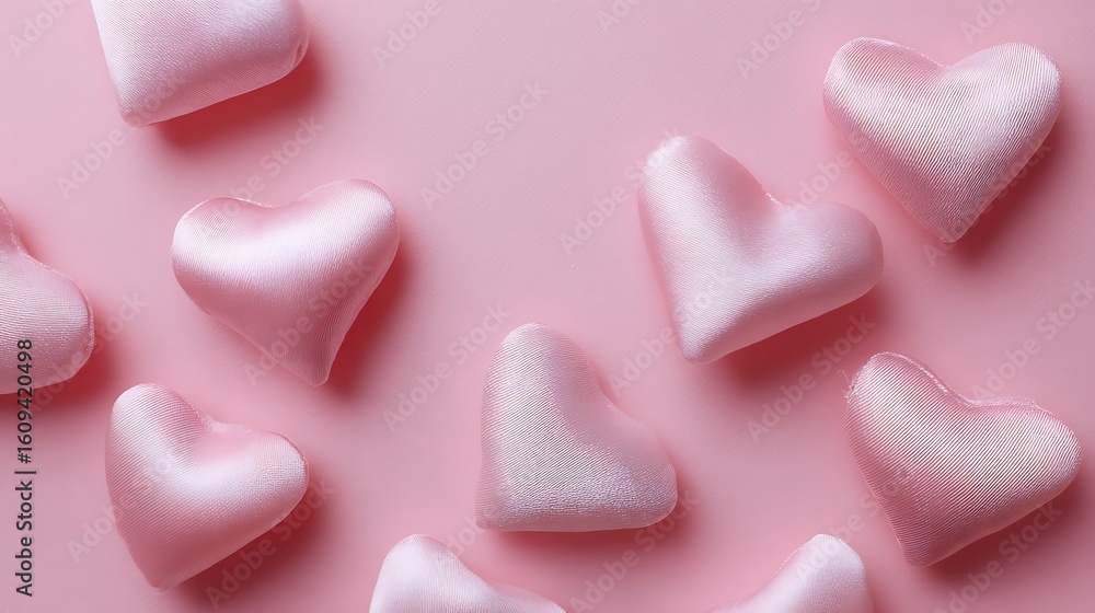 Obraz premium Soft pink background with satin hearts arranged flatlay style showing romantic Valentine love theme
