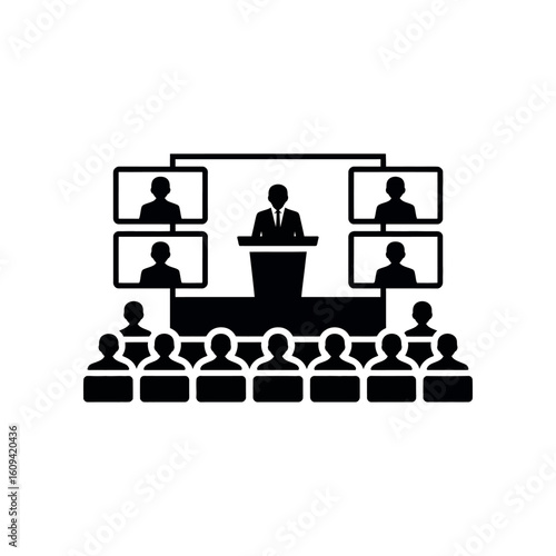 Speaker at podium with audience and video conference participants presentation meeting