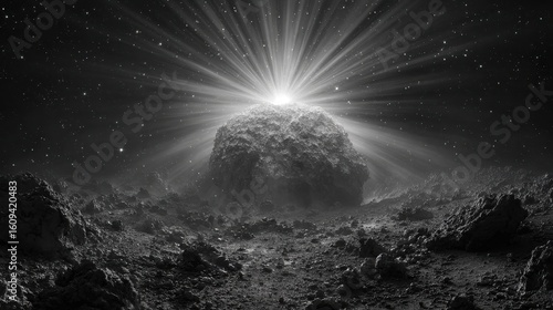 Fototapeta Naklejka Na Ścianę i Meble -  Silver shattered comet core space art, celestial debris for astronomy textbooks, deep space background with sparkling particles.