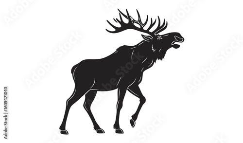 Majestic moose silhouette with antlers roaring against white background