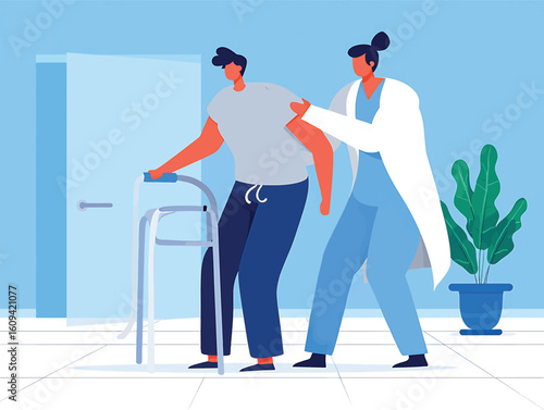 Female doctor assists male patient with a walker during rehabilitation. Vector illustration.
