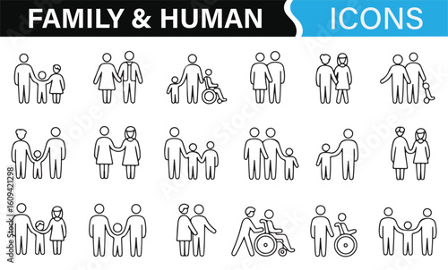 Set of Family Icons for Depicting Parent-Child Relationships and Love
