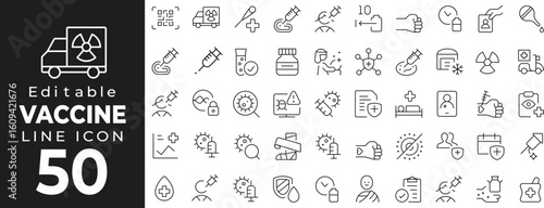 Vaccination and medical care set of web icons in line style. Health and immunization linear icons collection. Containing syringe, virus, injection, nurse, pill, doctor, vaccine, flu, protection. Edita