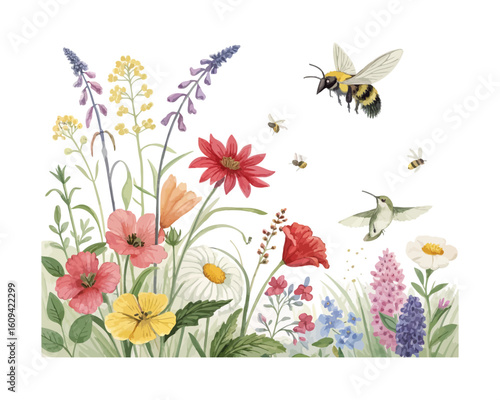 watercolor a pollinator ecosystem vector illustration isolated on white background