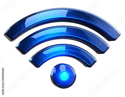 3D Wi-Fi Signal Icon with Glowing Arcs and Shadow, Angled View, Realistic Tech Style, Transparent PNG.And transparent the background.