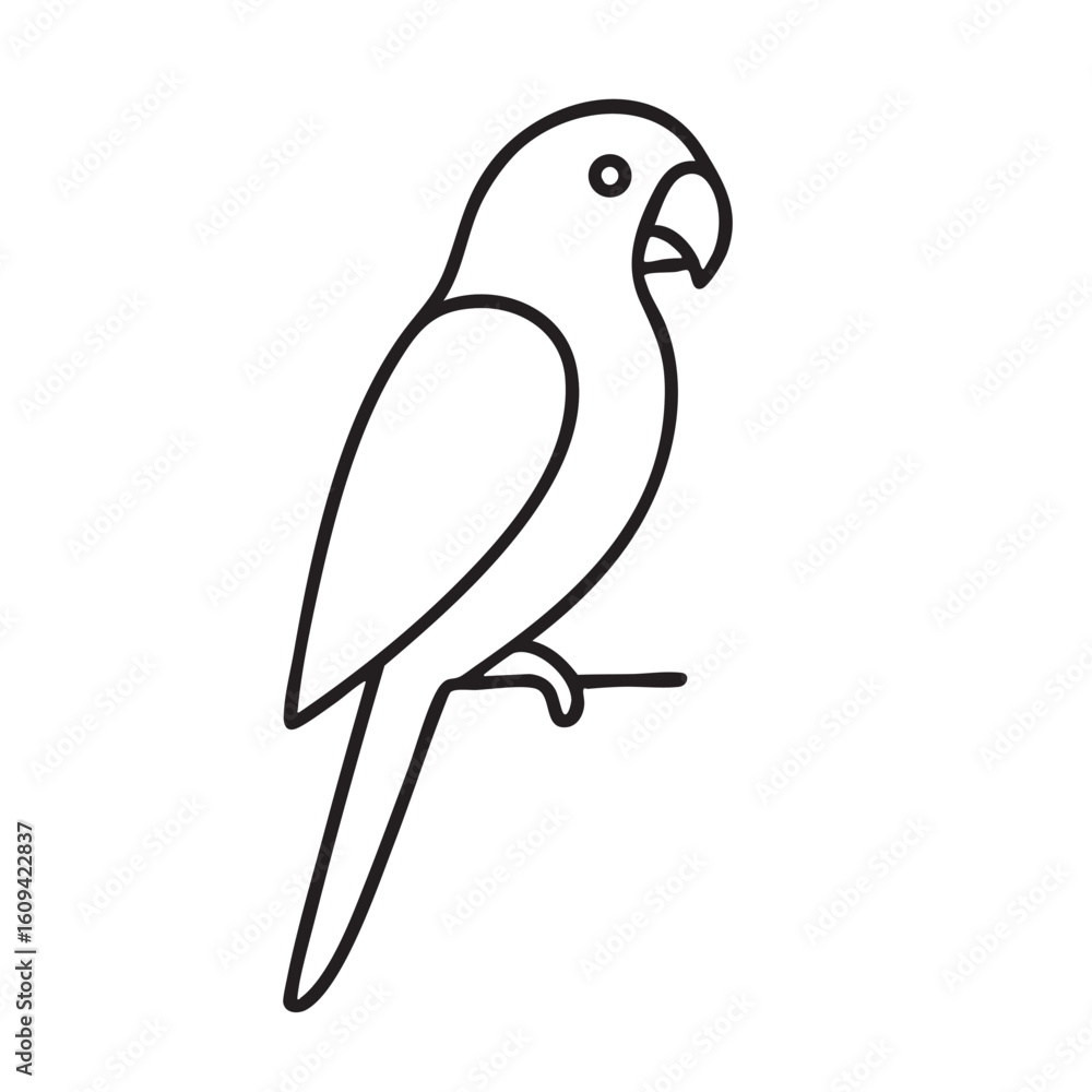 Fototapeta premium Minimalist Line Art Illustration of a Parrot Perched on a Branch Isolated on White Background