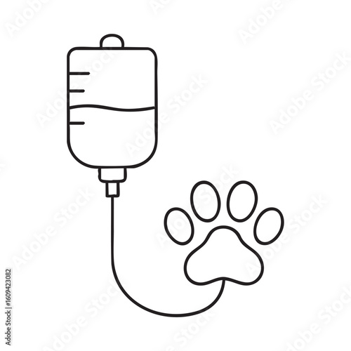 Veterinary Care Symbol IV Drip Connected to a Paw Print Representing Animal Health and Treatment