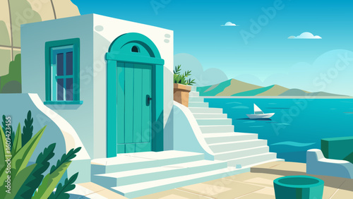Vector art of a white house with a vibrant turquoise door and ascending steps features a sailboat on the sparkling blue sea
