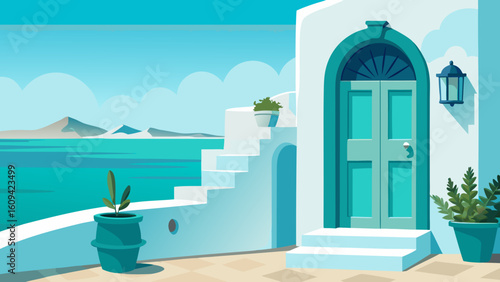 Vector art of a charming turquoise door and white steps lead to a beautiful view of the aegean sea with distant mountains