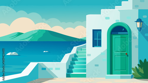 Vector art of a beautiful white building with a turquoise door and steps offers a stunning view of the blue sea and mountains