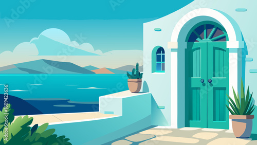 Vector art of a serene coastal scene featuring a white villa with a turquoise door and steps overlooking the tranquil blue sea
