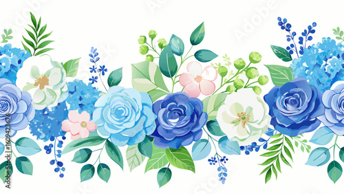 Vector art of an exquisite horizontal watercolor floral border with deep blue roses, soft pink blossoms, and vibrant green leaves on a white canvas