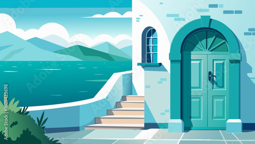 Vector art of a charming teal door and steps lead to a beautiful mediterranean sea view with distant mountains under a blue sky