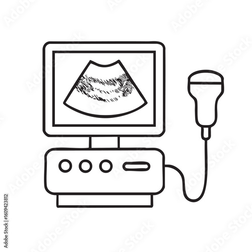 Black and White Outline of an Ultrasound Machine Displaying a Sonogram Image for Medical Diagnostics