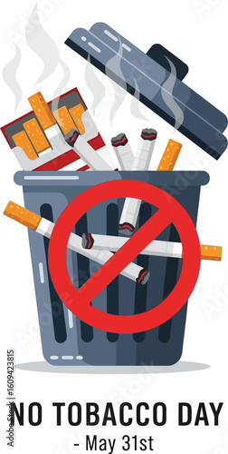 A graphic illustration promoting No Tobacco Day, showing discarded cigarettes in a trash can with a no smoking symbol.