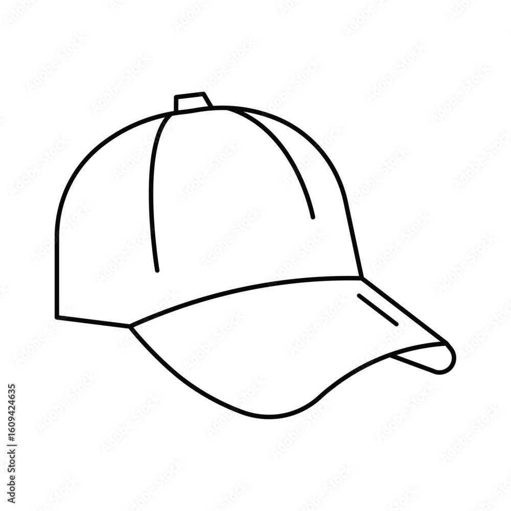 Fototapeta premium Baseball cap, curved visor headwear icon vector illustration for casual style, street fashion, sport accessory, outline drawing, clothing element.