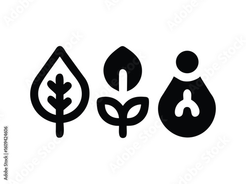 Three stylized black icons representing nature growth and human health or well being on a white background
