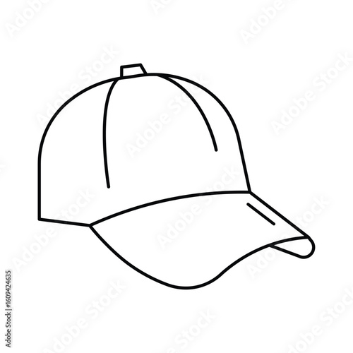 Baseball cap, curved visor headwear icon vector illustration for casual style, street fashion, sport accessory, outline drawing, clothing element.