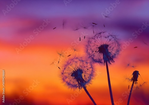 Wallpaper Mural Silhouettes of dandelion seed heads against a vibrant sunset Torontodigital.ca