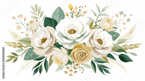 Vector art of a sophisticated floral cluster featuring creamy white roses, soft yellow blooms, and a mix of green and gold foliage