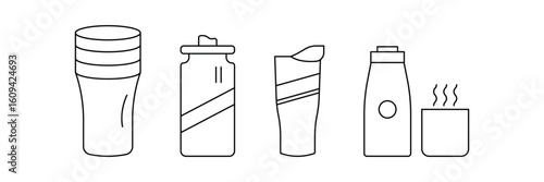 Reusable drink pot, coffee tumbler, insulated bottle, travel cup, hot beverage container icon vector illustration.