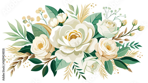 Vector art of an elegant bouquet of white roses and green foliage, artfully arranged with delicate buds and golden accents