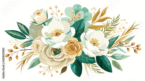 Vector art of a charming floral arrangement featuring white and cream roses, accented with teal blooms and golden leaves