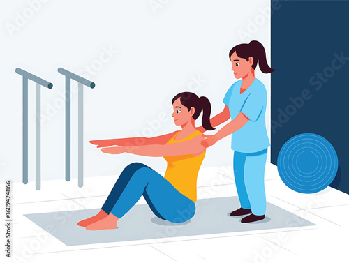 Physiotherapist assisting a woman with core strengthening exercises in a rehabilitation clinic.