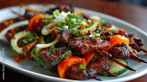 Spicy grilled suya with vegetables on a plate for culinary presentation.
