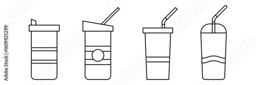 Drink cup, straw set vector illustration for beverage, smoothie, coffee, juice, water, soda, cold drink, icon collection.