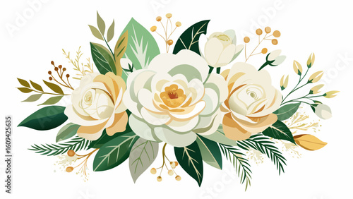 Vector art of an exquisite floral arrangement showcasing delicate white roses with hints of soft yellow and abundant green foliage